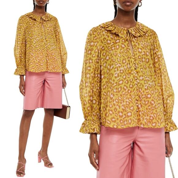 NEW NWT Zimmermann Ruffle-Trimmed Leopard-print Cotton Gauze Blouse - Picture 1 of 5